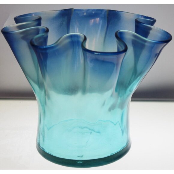 MC Handkerchief Ombre Blue Glass Vase Ruffle Wave Beach Summer Wide Bowl Ocean - Picture 2 of 11